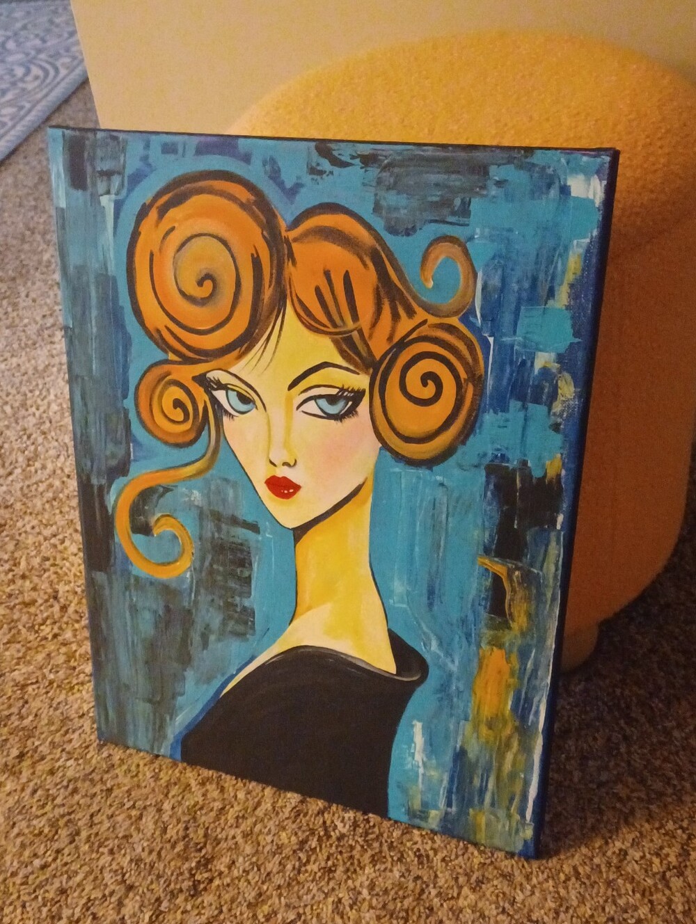 Original Acrylic Turquoise Background Portrait Painting with Gold Hair - Picture 3 of 7